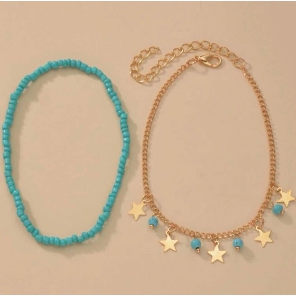 1 LEFT! 2 Piece Turquoise & Gold Beaded Star Charm Ankle Bracelet - Picture 4 of 4